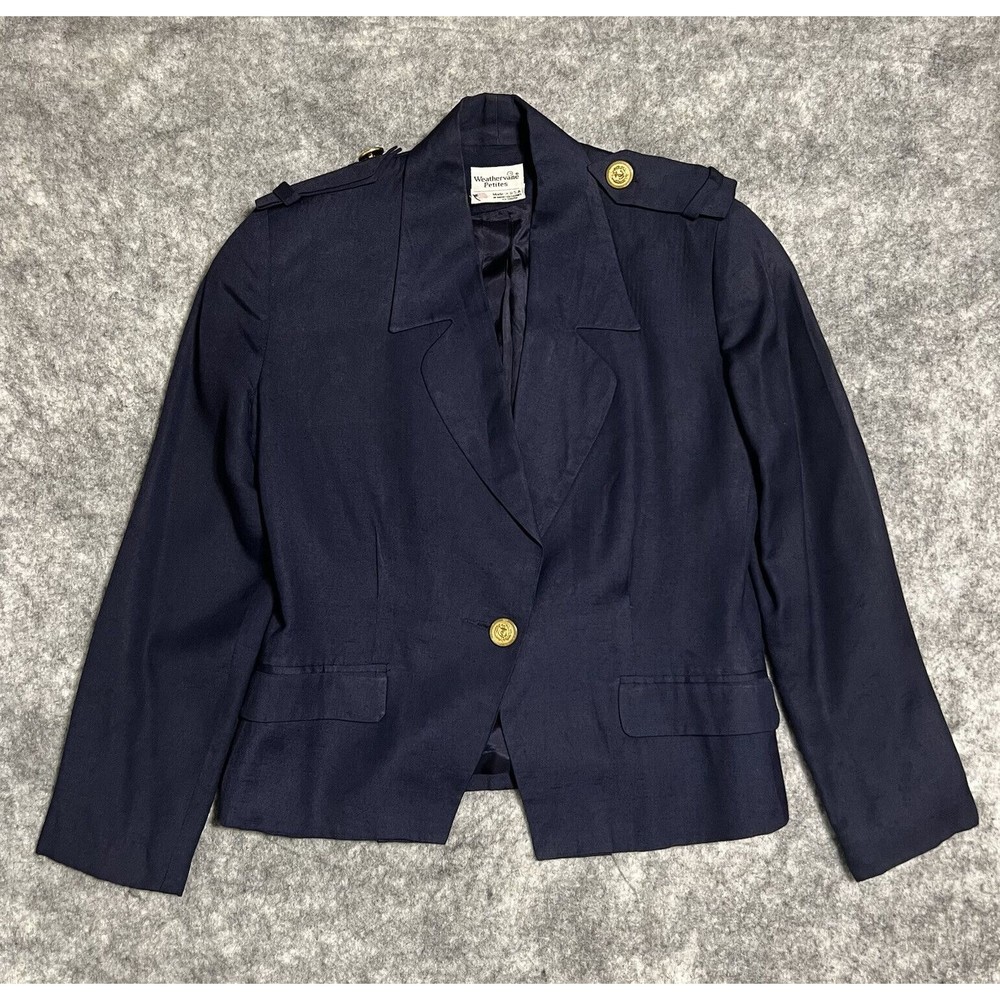VTG Weathervane Petites Blazer Women's 4 100% Linen Navy Blue Cropped Epaulette